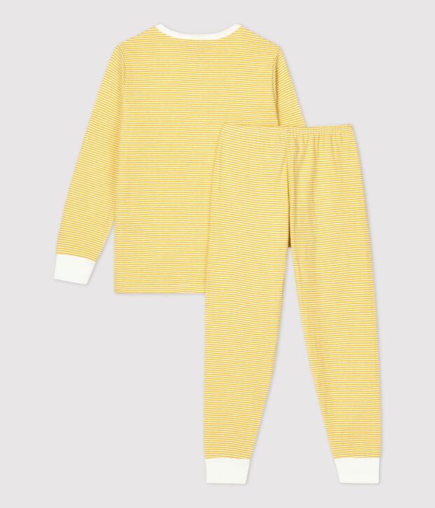Pijama milrayas amarillo de ni&ntilde;a/ni&ntilde;o de t&uacute;bico de algod&oacute;n org&aacute;nico amarillo/blanco
